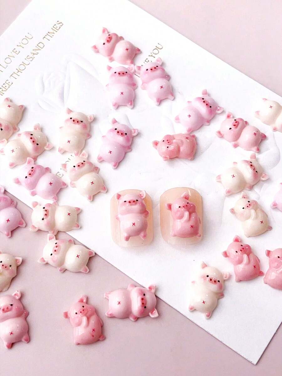 50件美甲DIY卡通立体装饰树脂可爱小猪日韩系可爱风格美甲饰品1包多种颜色和形状混合指甲饰美甲用品美甲宝石 - 彩色 - 查看 1