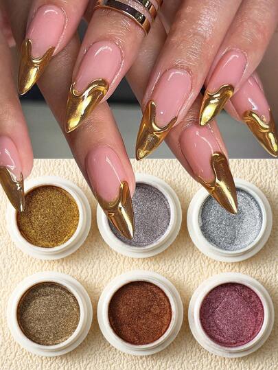 6pcs Chrome Gold Silver Nail Powder Pigment Mirror Metallic Rubbing Nail Art Glitter Dust Decorations
