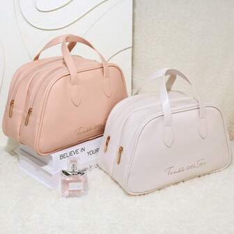 One Piece Large Capacity Classic Fashion PU Double Layer Handheld Waterproof & Oilproof Portable Cosmetic Bag, Toiletry Bag, Fashion Skincare Bag With High-End Appearance And Double Layered Storage For Easy Organization, Suitable For Both Home Storage And Outdoor Carry Makeup Bag Storage Makeup Organizer Makeup Case Makeup Travel Toiletry