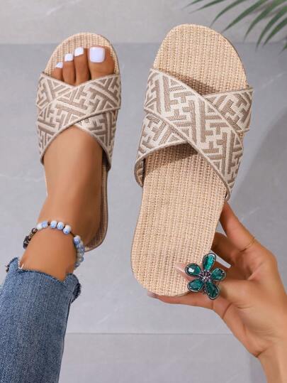 New Arrival Women Natural Linen Letter Print Crossed Khaki Slipper, Sweat-Absorbent And Versatile For Summer