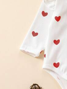 3 件装女婴长袖可爱心形印花连体衣，配有荷叶边连体衣和头带，适合 0-2 岁 - 紅色 - 查看 2