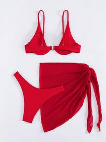 Women's Solid Color Separated Three Pieces Set, Bra & Bikini Bottom & Beach Cover-Up Skirt Summer