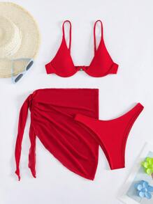 Women's Solid Color Separated Three Pieces Set, Bra & Bikini Bottom & Beach Cover-Up Skirt Summer