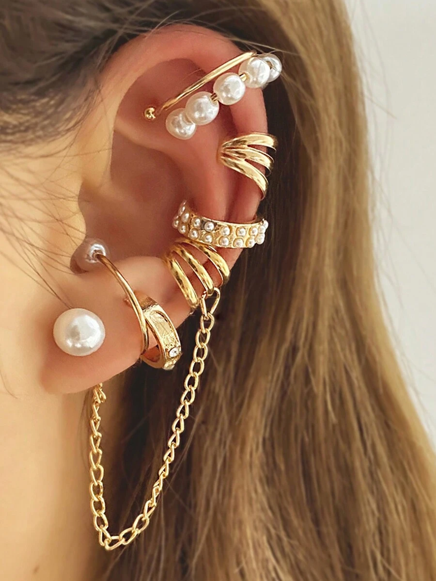 Set Of 8 Simple And Elegant Pearl Tassel Chain Non-Pierced Earrings With Creative Punk Style For Boy And Girl - one-size - View 1