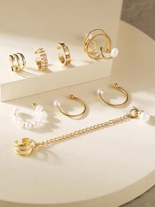 Set Of 8 Simple And Elegant Pearl Tassel Chain Non-Pierced Earrings With Creative Punk Style For Boy And Girl - one-size - View 2