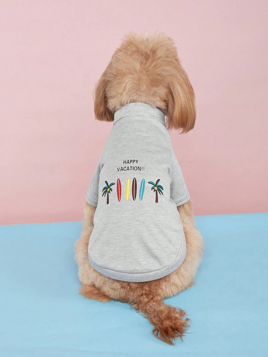 Spring/Summer New Pet Clothes, Dog Apparel With Palm Tree & English Text Print, Comfortable Breathable Outfit For Medium/Small Dogs, Teddy/Poodle - Grey - View 1