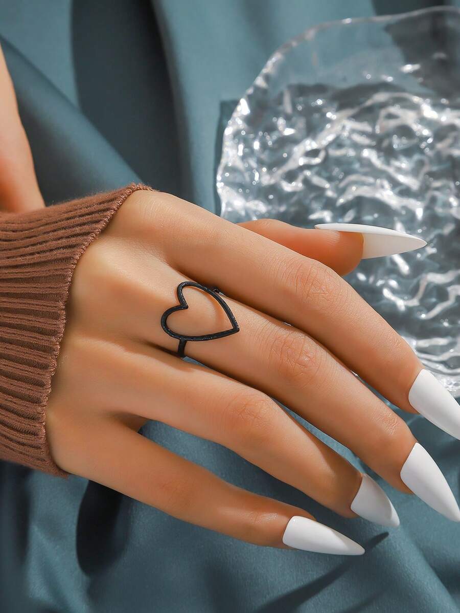Nhẫn hở hình trái tim đơn giản dành cho nữ, thời trang cá nhân hóa, chất lượng, phong cách đơn giản và thanh lịch cho ngày lễ tình nhân, mẹ, mẹ, ngày của mẹ, quà tặng - màu đen - Xem 1