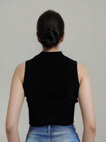 Crop top asymetrico stretch tejido canalé musculosa - Negro - Ver 2