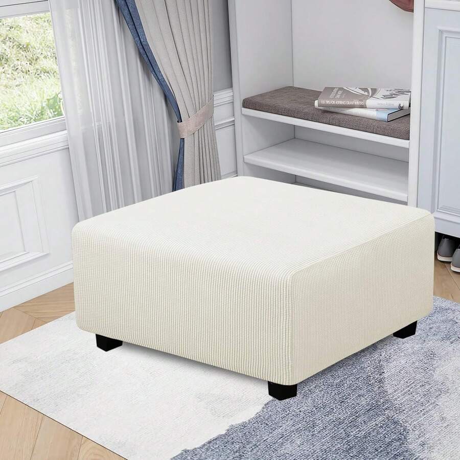 1PC Stretch Square Ottoman Cover Folding Storage Stool Furniture Protector Soft Rectangle Slipcover - White - View 1