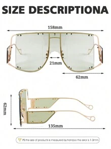1pc Women's Oversized Flat Top Fashion Glasses, Y2K Square One-Piece Stylish Glasses, Retro Punk Large Frame , Metal Rivet Punk Glasses, Fashionable For Party, Music Festival, Beach, Holiday, Halloween, Summer Beach Vacation, Outdoor Activities, Travel