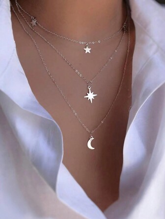 1 pieza collar de dos capas para hombre, estilo callejero, colgante de estrella y luna de aleación multicapa
