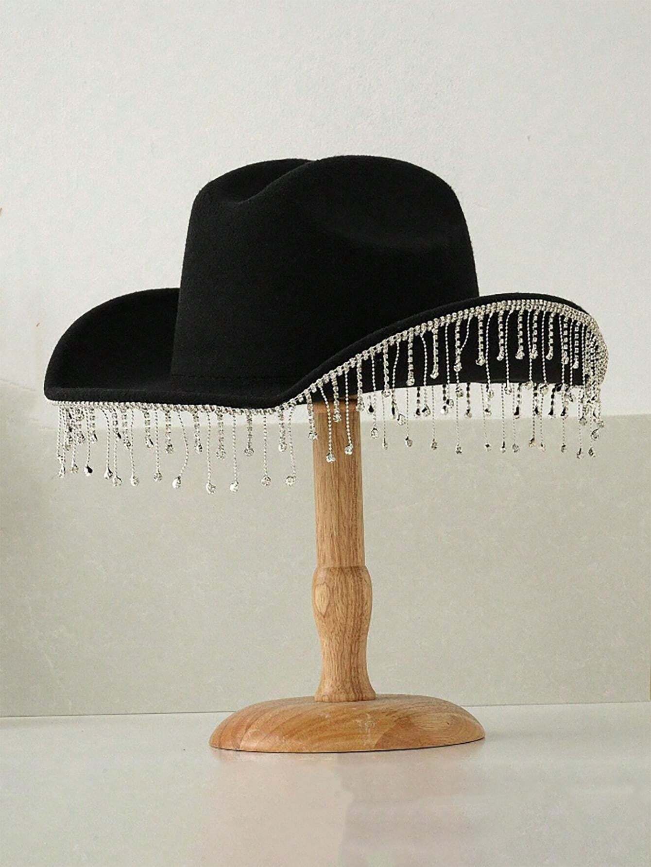 Edhomenn Cappello da cowboy texano da donna, con piume e tesa larga, piatto, accessorio per feste in maschera (01 nero 1, taglia unica