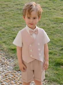 Young Boy 4-Piece Set Formal Vest Short-Sleeve Shirt Pants Bow Tie Suit Summer - Pink - View 2
