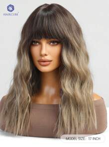 16 Inch Ombre Brown Blond Culy Wavy Wigs With Bangs, Adorable Short Hairstyle Natural Looking Heat Resistant Synthetic Wig Daily Party Use - Brown Ombre - View 5