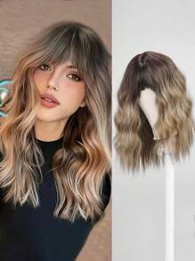 16 Inch Ombre Brown Blond Culy Wavy Wigs With Bangs, Adorable Short Hairstyle Natural Looking Heat Resistant Synthetic Wig Daily Party Use - Brown Ombre - View 2