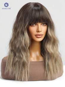 16 Inch Ombre Brown Blond Culy Wavy Wigs With Bangs, Adorable Short Hairstyle Natural Looking Heat Resistant Synthetic Wig Daily Party Use - Brown Ombre - View 4