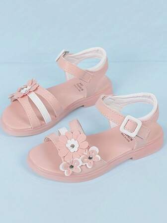 1 par de sandalias planas de chicas con diseño de flores y cierre de gancho y lazo de PU, adecuado para el verano