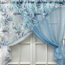 1片藍白色雙層交叉短窗簾，用於廚房裝飾田園葉子印花圖案房間小窗屏幕分區蕾絲窗簾 - 彩色 - 查看 8
