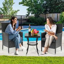 3Tlg, Rattan Garden Furniture Set, Poly Rattan Lounge Set, Balcony Lounge Set, Garden Lounge Set, Poly Rattan Garden Furniture Set, Balcony Furniture Seating Group With Pillow And Glass Table, For Garden, Terrace - Black - View 8