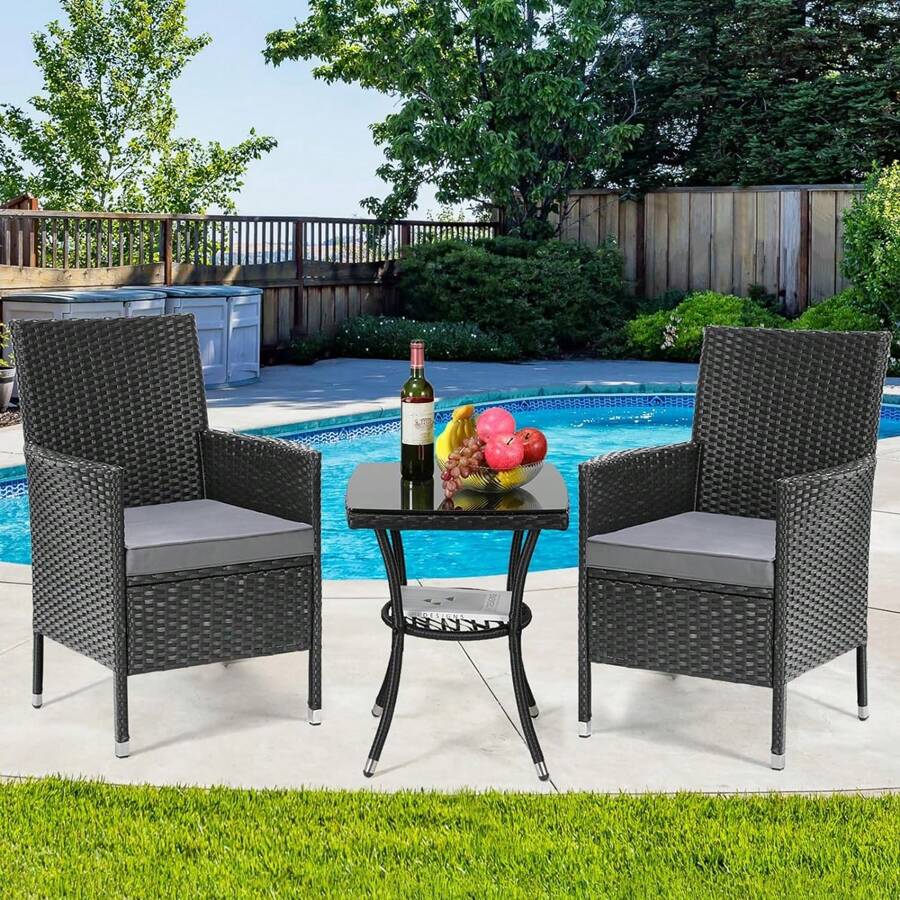 3Tlg, Rattan Garden Furniture Set, Poly Rattan Lounge Set, Balcony Lounge Set, Garden Lounge Set, Poly Rattan Garden Furniture Set, Balcony Furniture Seating Group With Pillow And Glass Table, For Garden, Terrace - Black - View 1