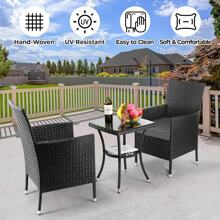 3Tlg, Rattan Garden Furniture Set, Poly Rattan Lounge Set, Balcony Lounge Set, Garden Lounge Set, Poly Rattan Garden Furniture Set, Balcony Furniture Seating Group With Pillow And Glass Table, For Garden, Terrace - Black - View 4