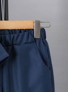 Conjunto de camisa de manga corta con bolsillo y pantalones de trabajo impresos con letras para niño preadolescente, primavera / verano - Azul Marino - Ver 5