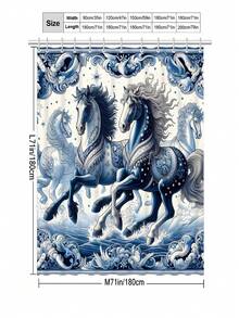 1pc Polyester Four Horses Blue & Brown Shower Curtain, Waterproof & Mildew Resistant Bathroom Curtain For Privacy - Multicolor - View 2
