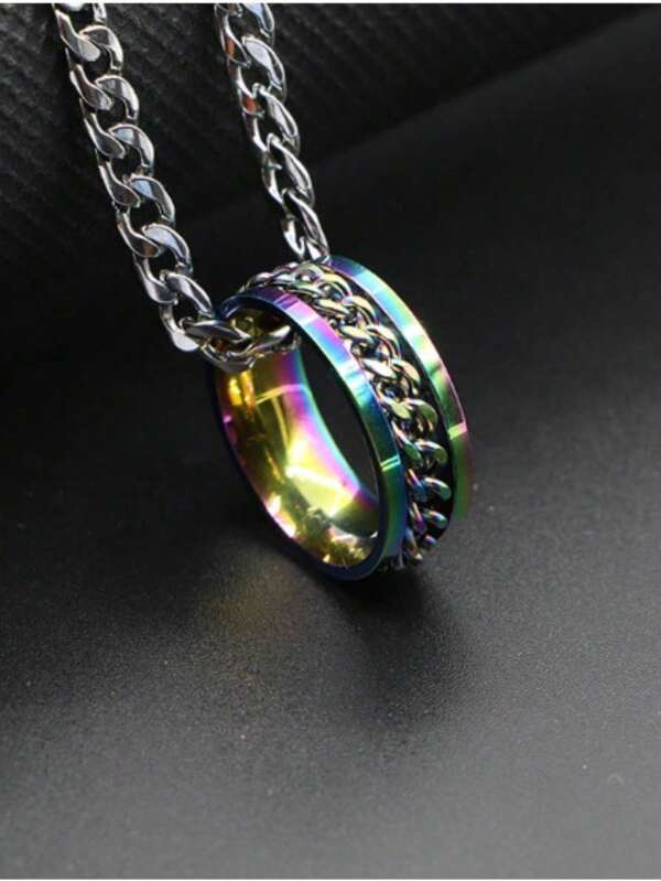 Colar com Anel Giratório De Corrente De Aço Inoxidável De Titânio Anel De Dedo Para Homens E Mulher Ouro Preto Punk Rock Motoqueiros Dark Luxo Aliança Rock Presente Lindo Colar Com Anel Da Moda Antiestresse