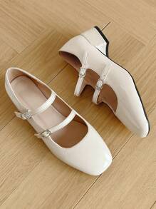 New Arrivals 2024 Women Middle Heels Chunky Heel Round Toe Mary Jane Shoes In Glossy Beige - Beige - View 5