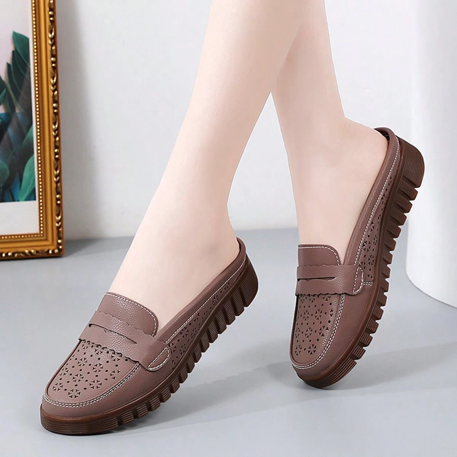 Women Hollow Out Design Mules, Casual Slip-On Flat Shoes Comfortable And Breathable Women Shoes