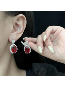 4入組復古模擬鴿血紅橢圓形紅寶石項鍊、耳環和戒指套裝，適用於2024年母親節皇家禮品 - 酒紅色 - 查看 2