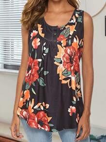 Womens Summer Tank Tops Basic Sleeveless Scoop Neck Loose Fit Floral Printed Boho T Shirts Flowy Casual Cami Pleated Tunic Tee Blouse - Black - View 2