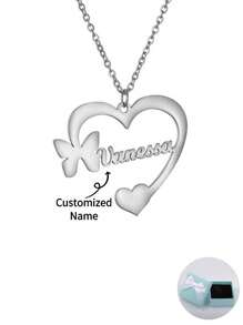 Customized Personalized Heart & Butterfly Shape Pendant Necklace With English Name, Ideal Gift For Mother's Day, Valentine's Day, Birthday, Anniversary, Friends, Classmates, Graduation, Christmas, Home & High-End Presents