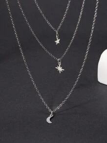 1pc Multi-Layer Alloy Star & Moon Pendant Streetstyle Men Double-Layered Necklace