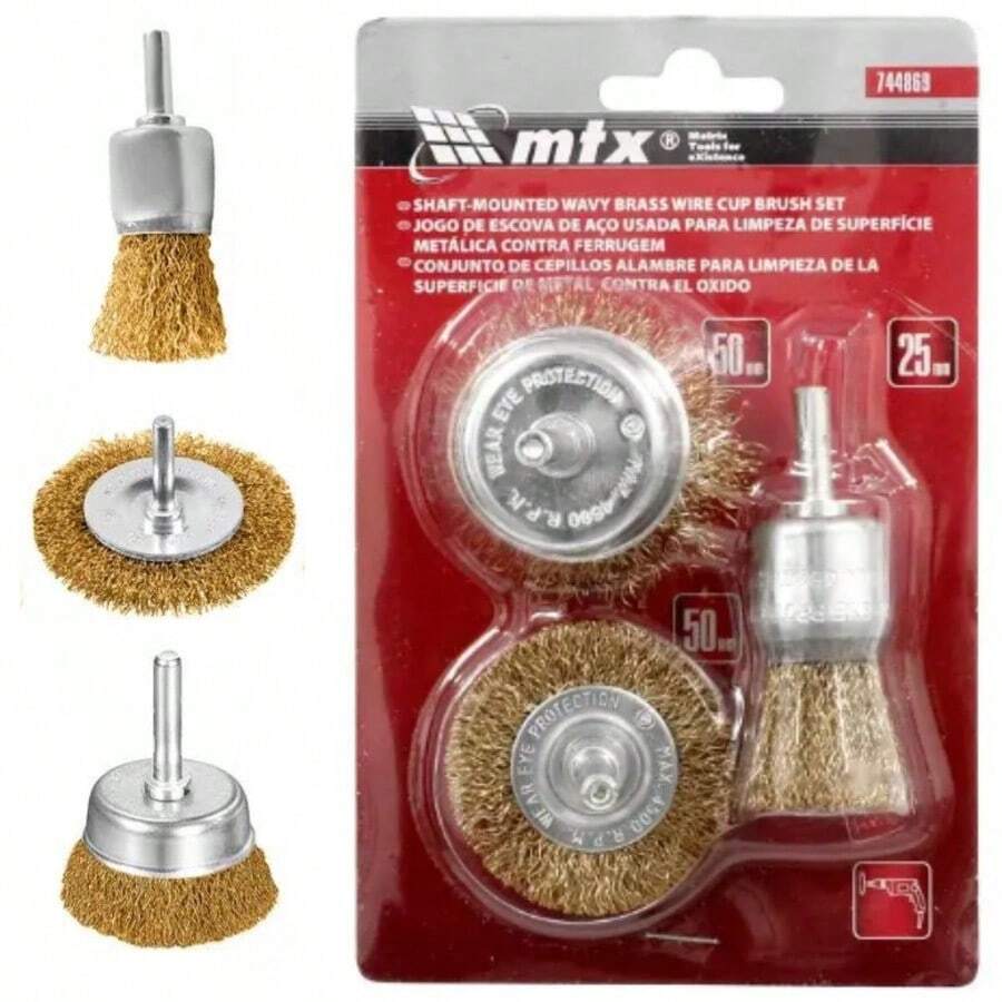 Escova de Aço Circular Kit c/ 3 Pçs Haste 6mm Escova Aco para Furadeira MTX - Dourado - Visão 1