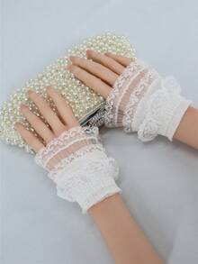 Một Đôi Còng Ren Xếp Ly Nguyên Bản, Váy Cưới Cô Dâu Trang Trí Cổ Tay Trang Sức, Ren Pháp Lãng Mạn, Tay Áo Có Thể Tháo Rời - trắng - Xem 7