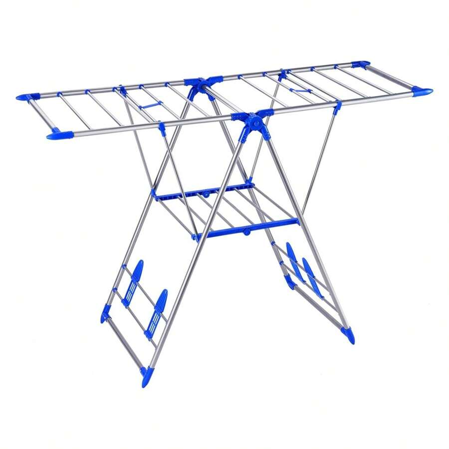 Clothes Drying Rack, 2 Tier Stainless Steel Laundry Drying Rack With Sock Clips, Foldable Standing Drying Rack Clothing With Height Adjusted , Space Saving Indoor Outdoor, Silver Blue.