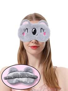 1pc Cute Elastic Soft Sleep Eye Mask For Girls, With Embroidered Black Eyes And Mouth, Made Of Polyester Short Plush In Light Gray, Suitable For Daily Resting