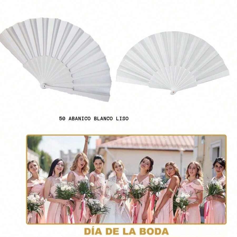 50 Pzs Abanicos De Tela Y Plástico Recuerdo De Boda Fiesta - BLANCO LISO - Ver 1