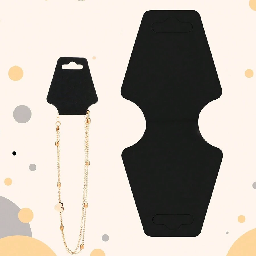 50pcs Foldable Cardboard Necklace Packaging Card, Elastic Hang Tag, Blank Folded Black & White Kraft Paper Hair Accessories Card Back To School,Room Decor - Black - View 1