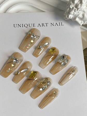 10pcs Hand-Painted Long False Nails With Sparkling Pearls And Meralad Print Effect\NCan Be Worn For Daily Use, Parties, Work; Can Be Removed And Reused\NIncludes 1pc Jelly Gel, 1pc Nail File Press On Nails Nail Supplies