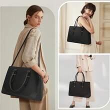 Handtasche Damen Shopper Damen Große Tasche Damen Schwarz Laptoptasche 15.6 Zoll PU Leder Arbeitstasche Umhängetasche Tote für Arbeit Schule - Schwarz - Übersicht 6