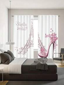 Cortina en diseño romántico de tacones altos de mariposa, 2 piezas de poliéster con bolsillo de varilla, decoración para la casa en sala o dormitorio - Rosa vieja - Ver 4