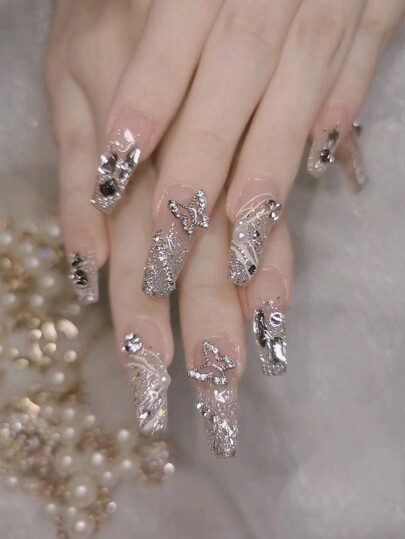 Upgrade Your Look Instantly With 30Pcs Mid-Length Coffin-Shaped Press-On French Bare Skin Butterfly Rhinestone Flashing Ladies' Nail Patch, Matched With 1Pc Jelly Glue And 1Pc Nail File, Suitable For Party Dancing Casual Daily Wear, Removable And Repeatable. Press On Nails Nail Supplies Nails