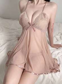 1pc Sexy See-Through Lace Splicing Lingerie Dress, Including T-Back Panty For Home Use For Going Out - Pink - View 1