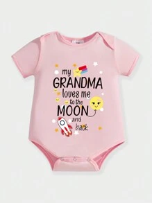 Baby Girl Cartoon Rocket & Smiling Face Slogan Print Bodysuit - Pink - View 1