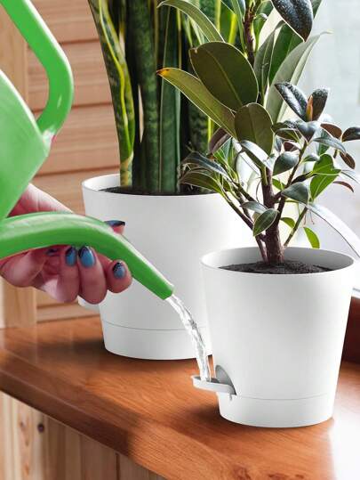 1pc Self Watering Flower Pot, Plastic Round Pot For Tabletop Bonsai Green Plants, Slouchy Automatic Water Absorption Flower Pot