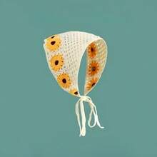 法式復古手工編織三角圍巾，女士春季可愛甜美鉤織絲質頭帶圍巾，夏季空心束髮巾隨機顏色