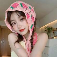 法式復古手工編織三角圍巾，女士春季可愛甜美鉤織絲質頭帶圍巾，夏季空心束髮巾隨機顏色