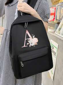 4 件套字母印花女式休闲背包套装，时尚背包，大容量单肩包，便携铅笔袋，零钱包，旅行背包，适合大学生、少女、大一、大二、初中和高中生、大学和高中生，非常适合户外、旅行和返校，返校用品